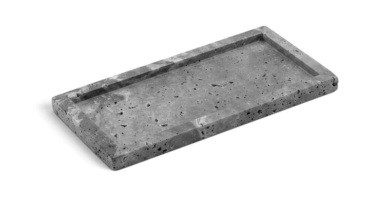 Gray genuine travertine serving tray with raised edges and speckled stone texture
