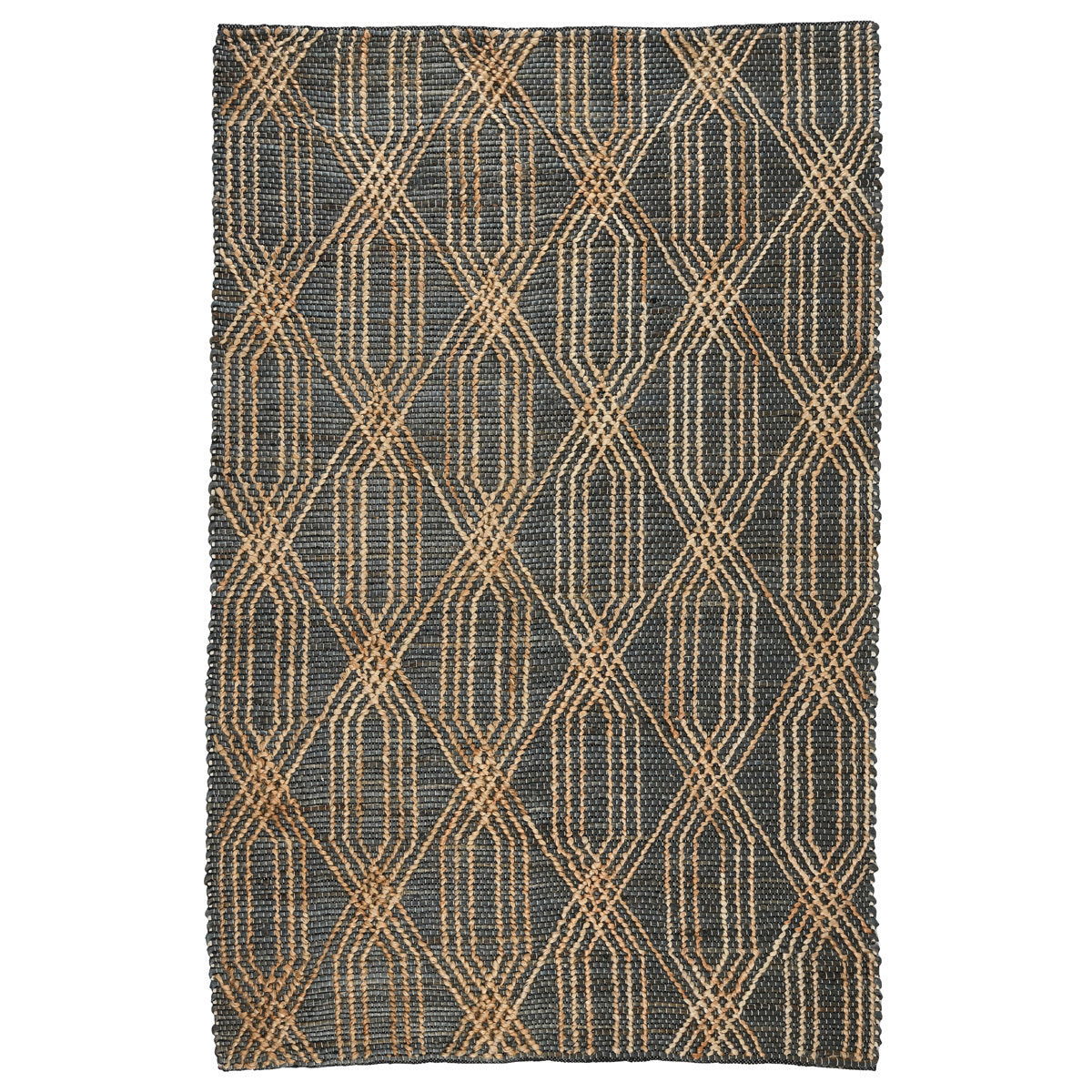 Rectangular blue and charcoal diamond lattice area rug, flatwoven geometric texture