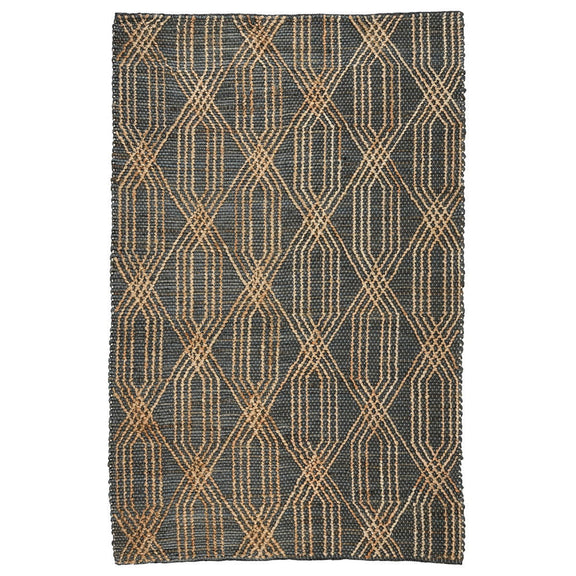 Rectangular blue and charcoal diamond lattice area rug, flatwoven geometric texture