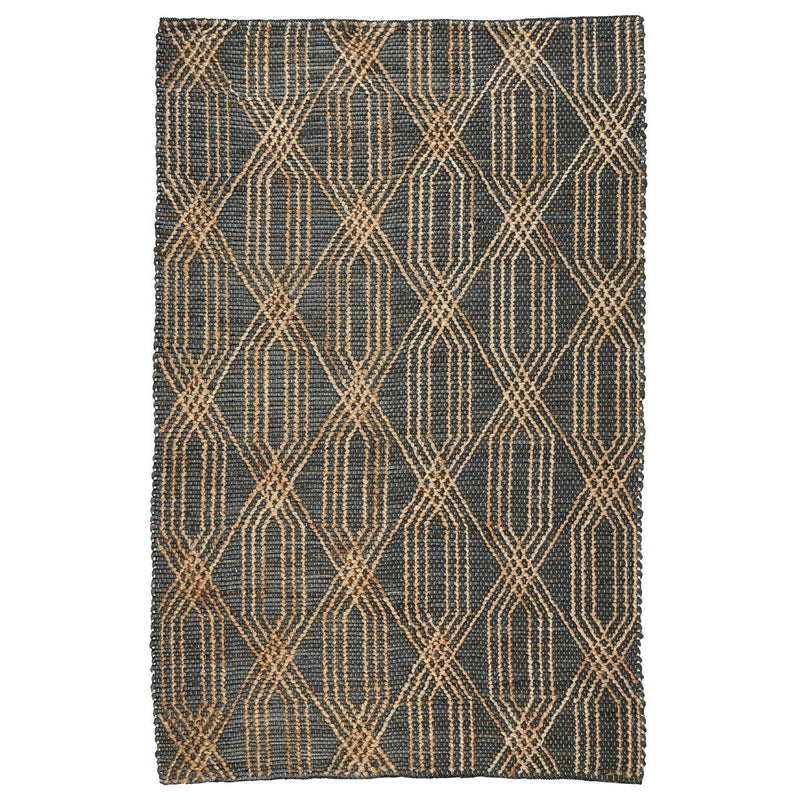 Rectangular blue and charcoal diamond lattice area rug, flatwoven geometric texture