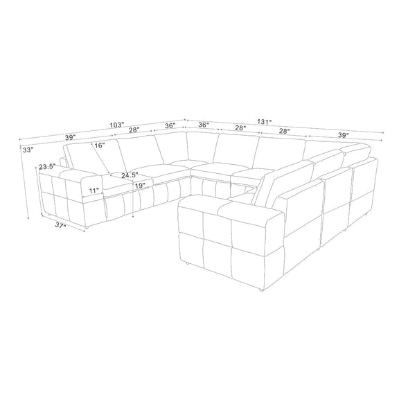 Sectional sofa layout diagram with measurements and large square arm segments.