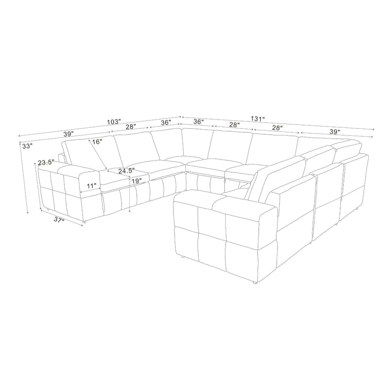 Sectional sofa layout diagram with measurements and large square arm segments.