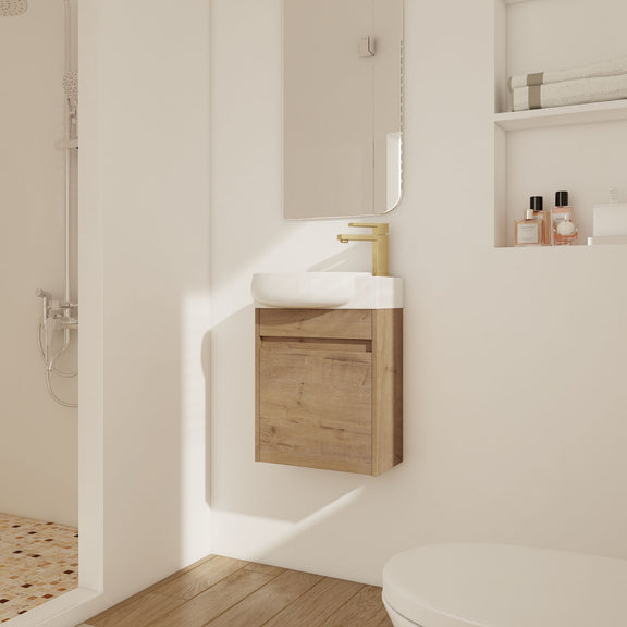 Wall-mounted floating vanity with ceramic basin, light wood cabinet, white sink