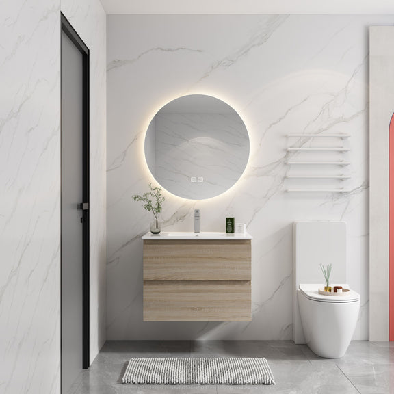 Wall mounted bathroom vanity with white sink and two soft-close drawers, light wood finish