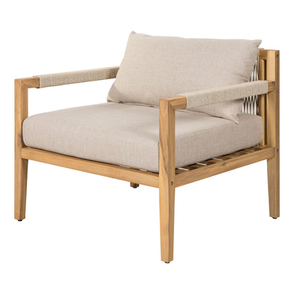 Beige outdoor leisure chair with beige cushions, wooden arms and frame