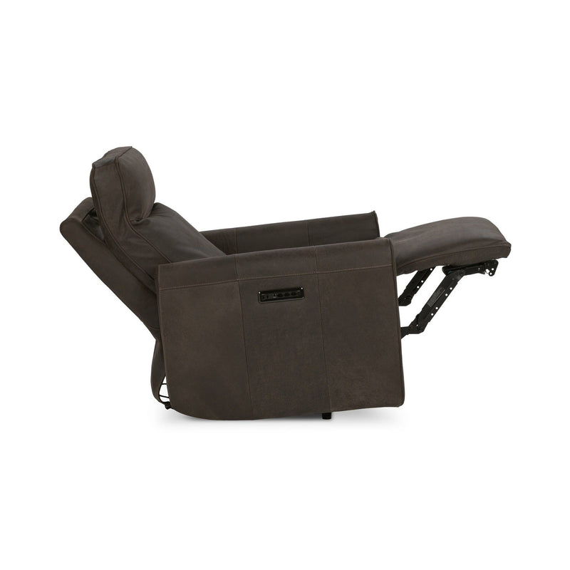 Dark brown leather-look power recliner chair with footrest extended and base visible