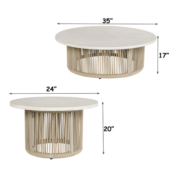 Beige round coffee table with vertical slat sides; 35 in diameter and 17 in height