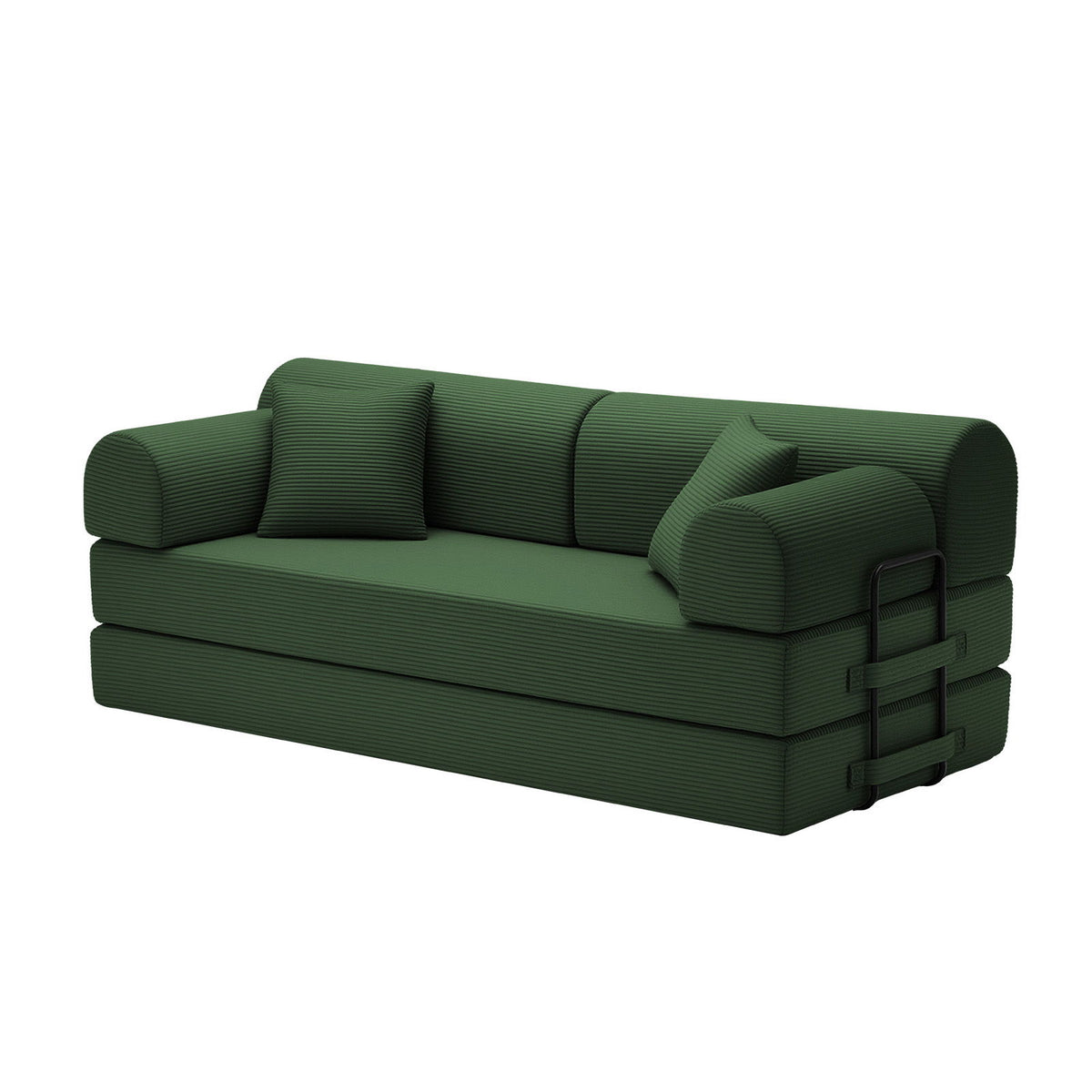 Green convertible sleeper sofa bed with padded armrests and curved backrest.