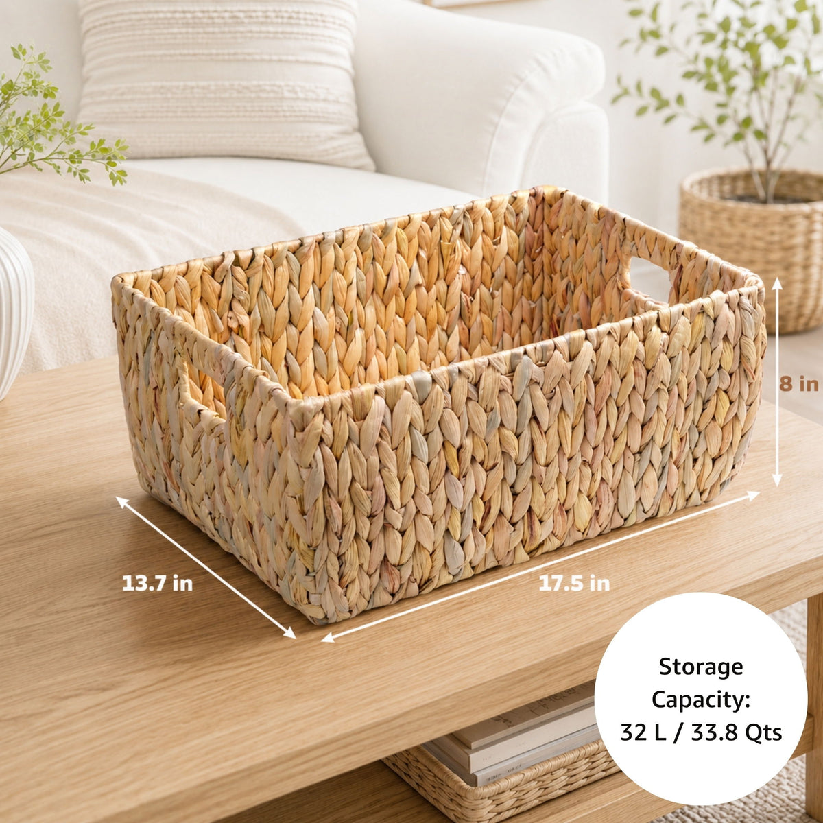Woven storage basket with handles, 32 L capacity and dimensions shown
