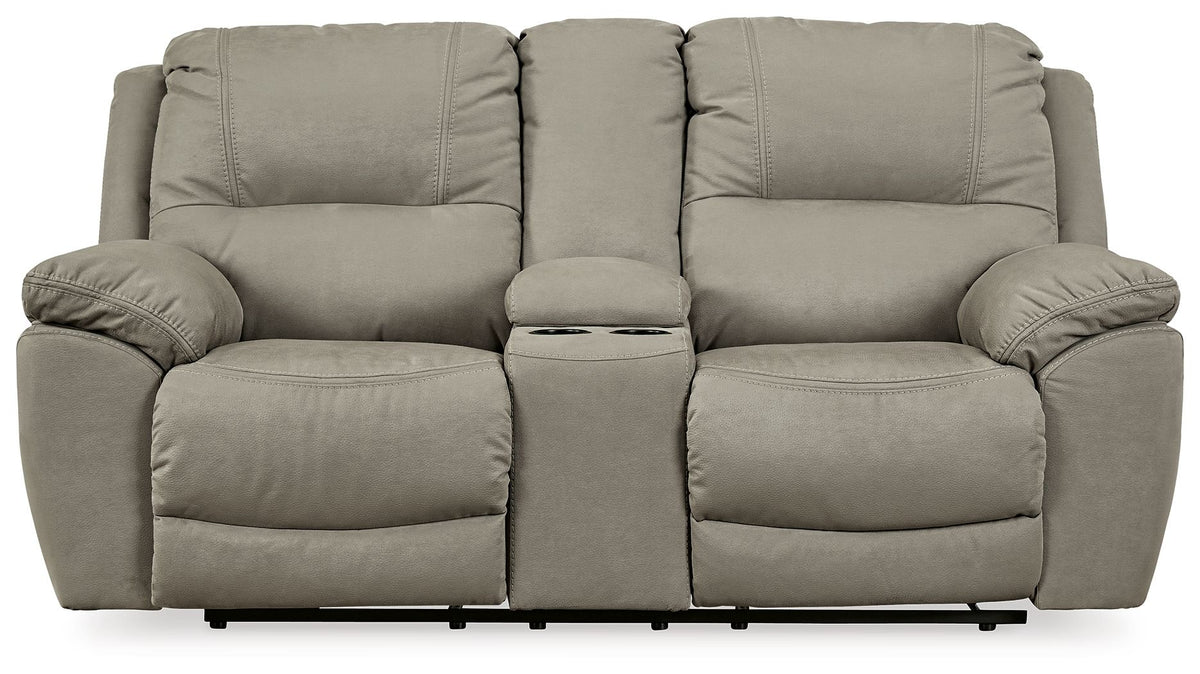 Putty dual reclining loveseat with center console, wide seats, padded back cushions