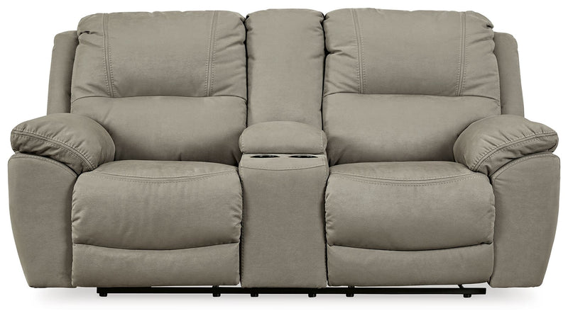 Putty dual reclining loveseat with center console, wide seats, padded back cushions