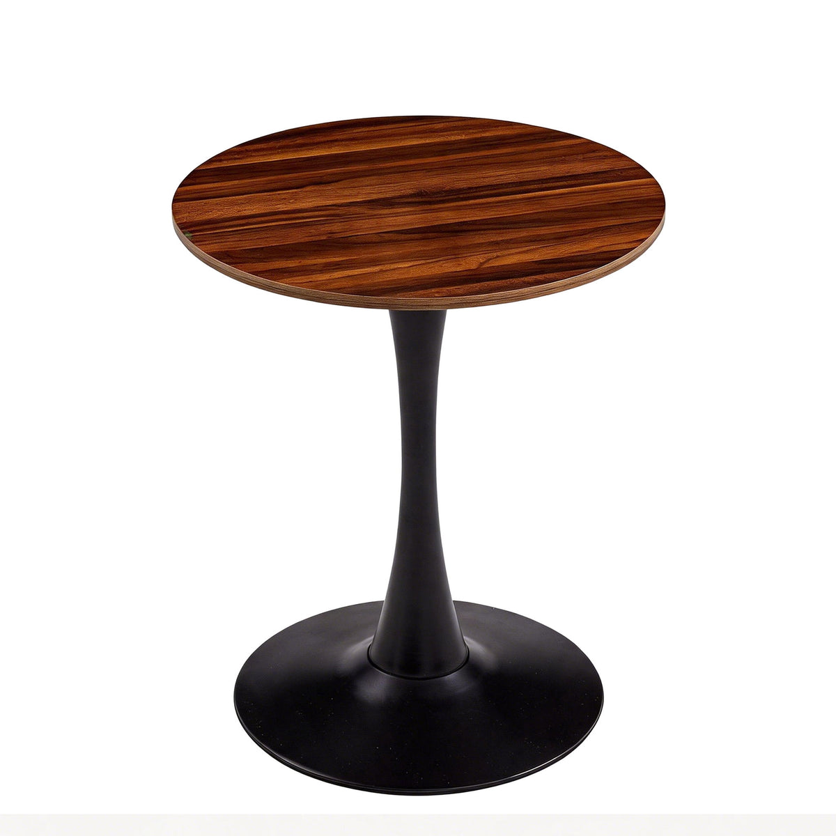 Round dining table with dark brown top and black tulip-style base.