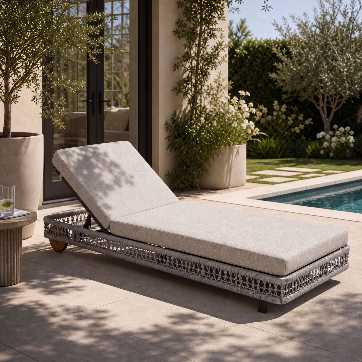 Gray outdoor chaise lounge with wheels and adjustable backrest, padded seat and back cushion.