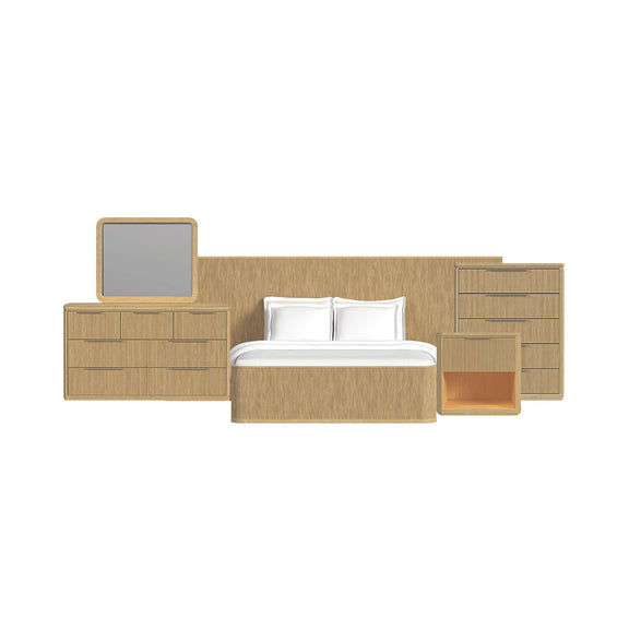 Wall bed bedroom set in light brown with white bed and matching drawer and shelf cabinets.
