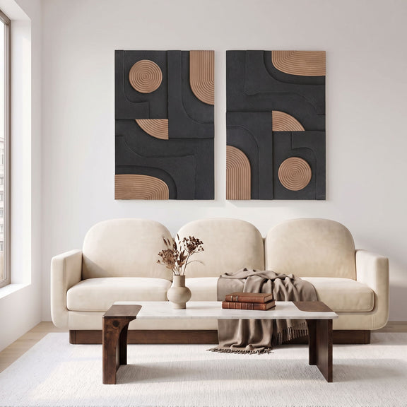 Mango wood wall art pair with circular and curved ring motifs in dark and tan tones