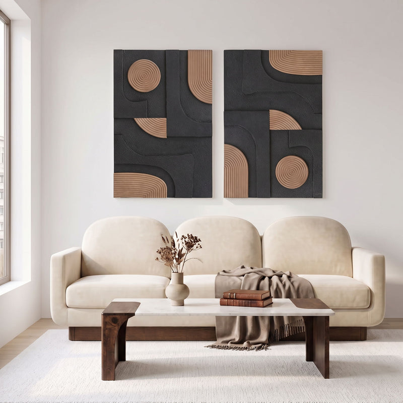 Mango wood wall art pair with circular and curved ring motifs in dark and tan tones