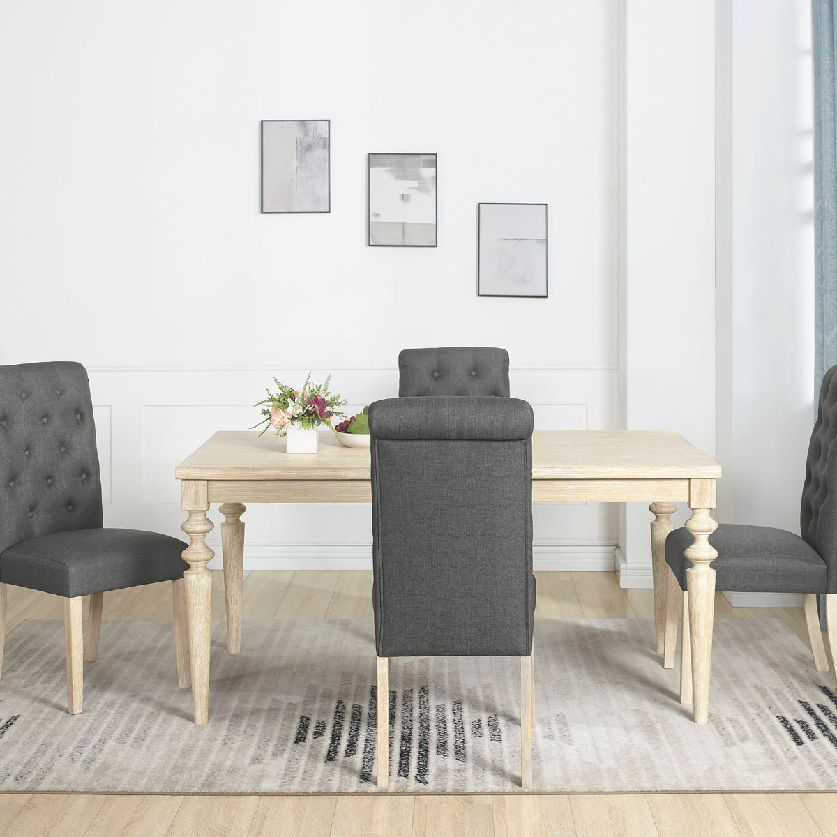 Amonia - 5 Piece Dining Set, Turned-Leg Dining Table With 4 Tufted Chairs - Beige Brown