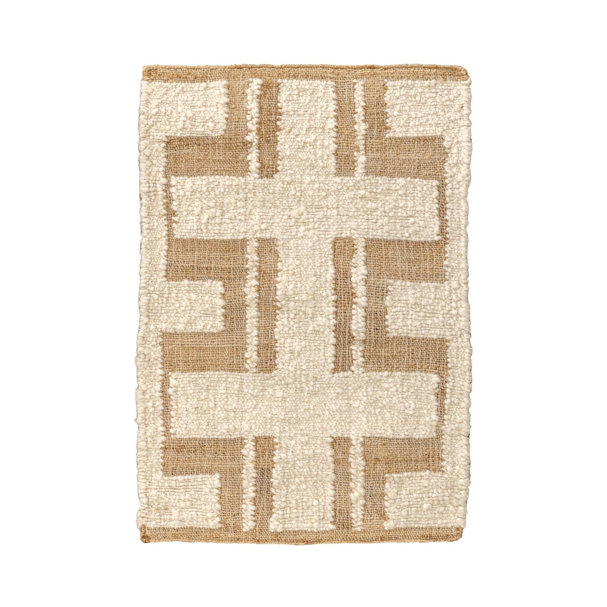 Ivory area rug with tan geometric cross pattern and short loop pile texture
