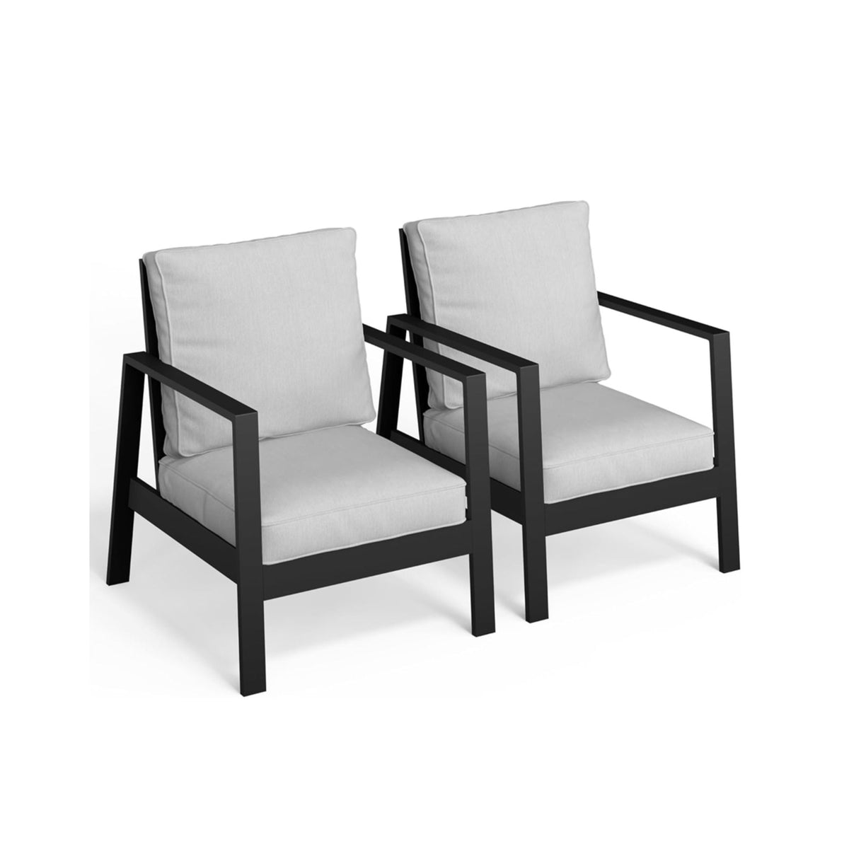 Set of 2 light gray patio armchairs with thick cushions and dark gray frames