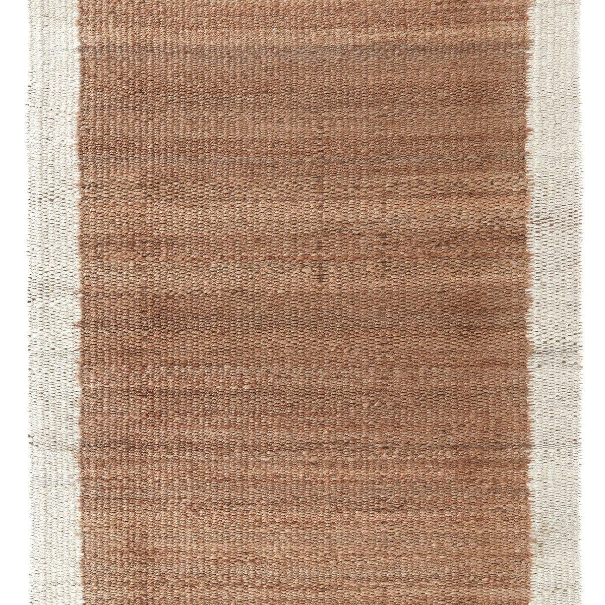 Frame area rug with ivory border and medium tan-brown rectangular center, woven texture