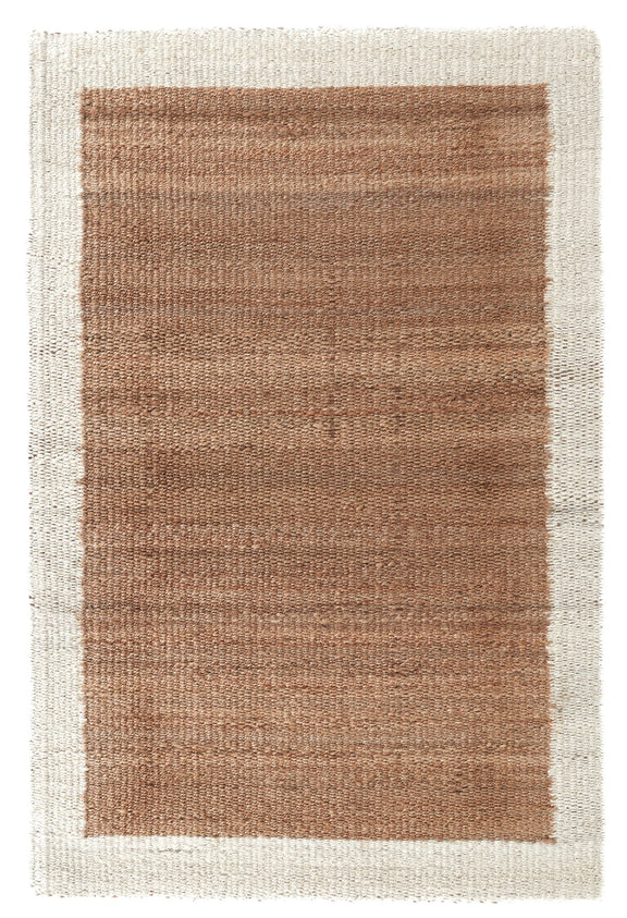Frame area rug with ivory border and medium tan-brown rectangular center, woven texture