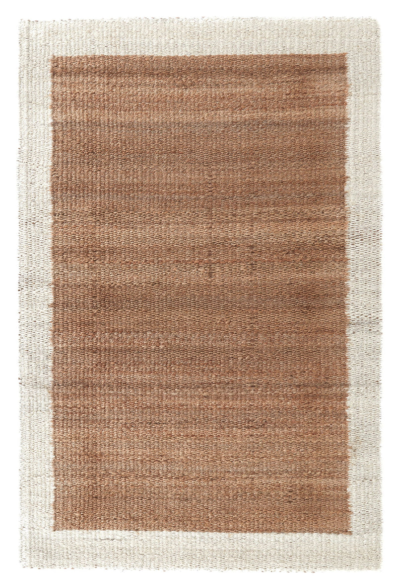 Frame area rug with ivory border and medium tan-brown rectangular center, woven texture