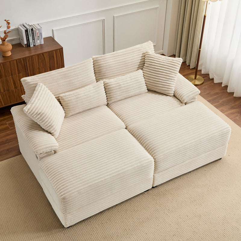 Beige striped double chaise lounge set with three back cushions and rounded armrests