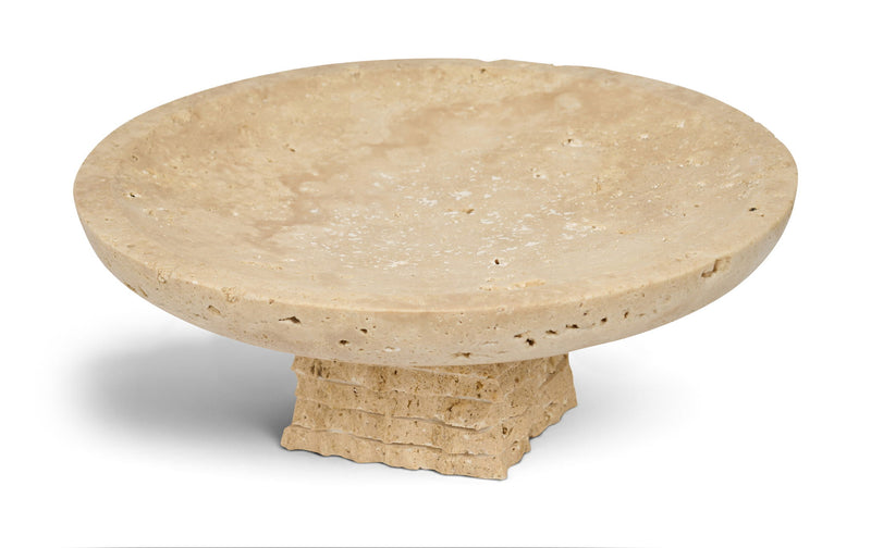Beige travertine bowl with wide round rim and sculpted pedestal base