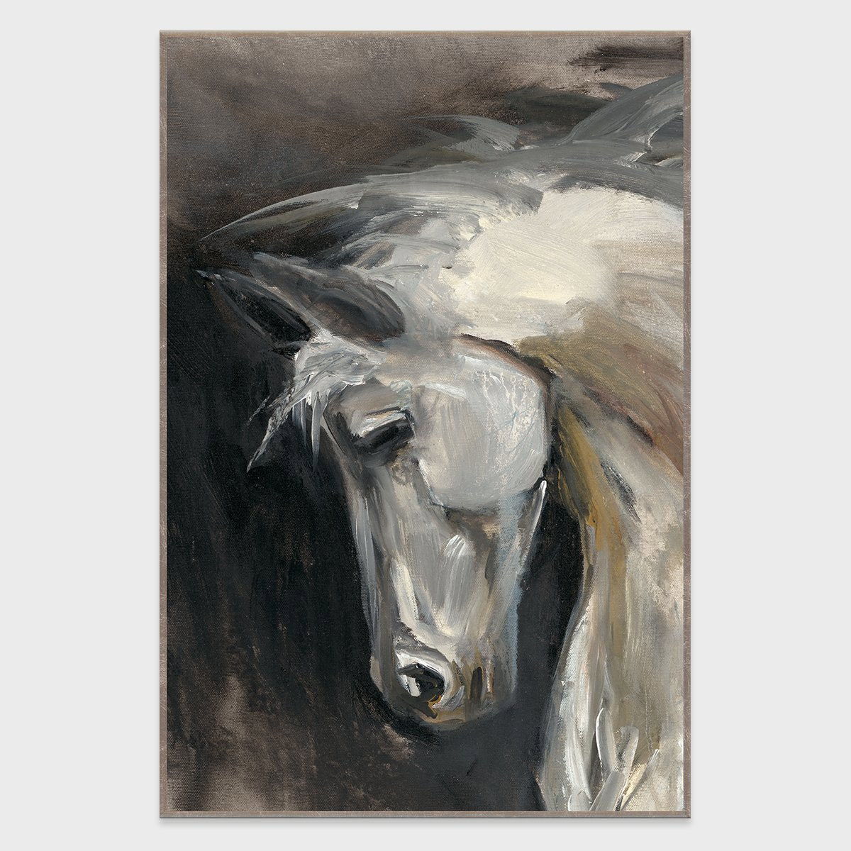 Framed dark gray abstract painting of a white animal head in profile
