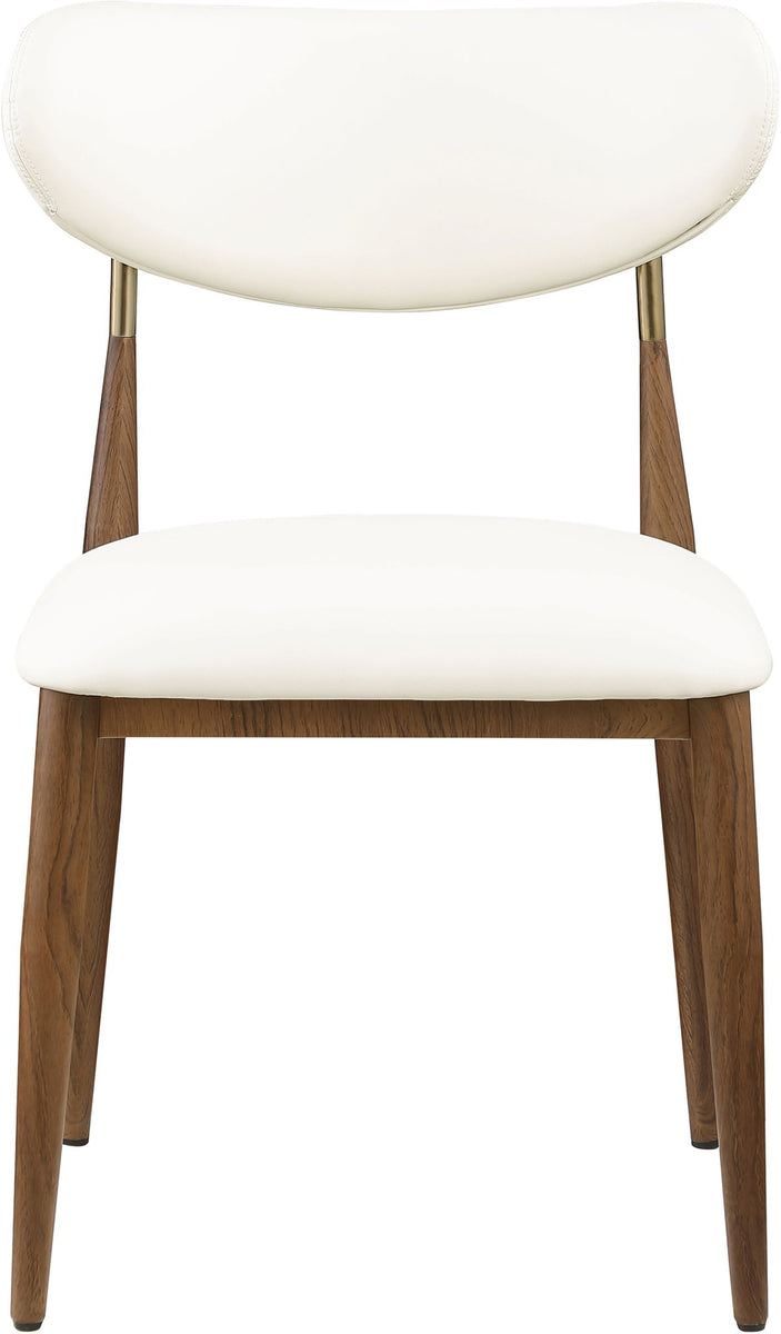 White upholstered dining side chair with curved seat, rounded back, and wood legs