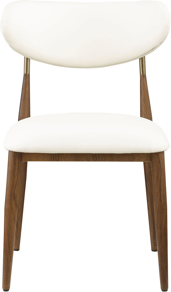 White upholstered dining side chair with curved seat, rounded back, and wood legs