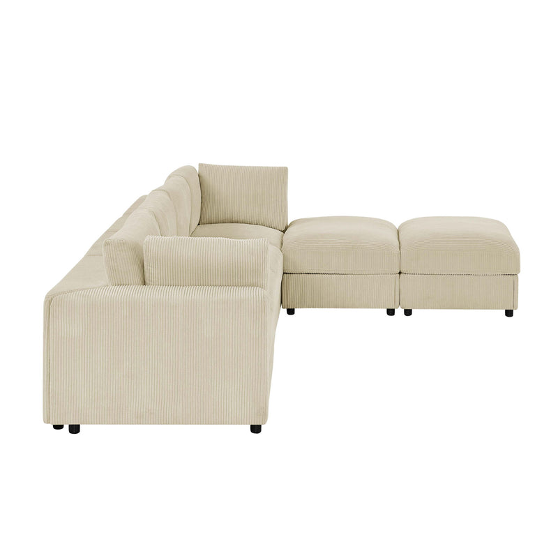 Reversible modular sectional sofa in beige, left chaise with matching ottoman sections