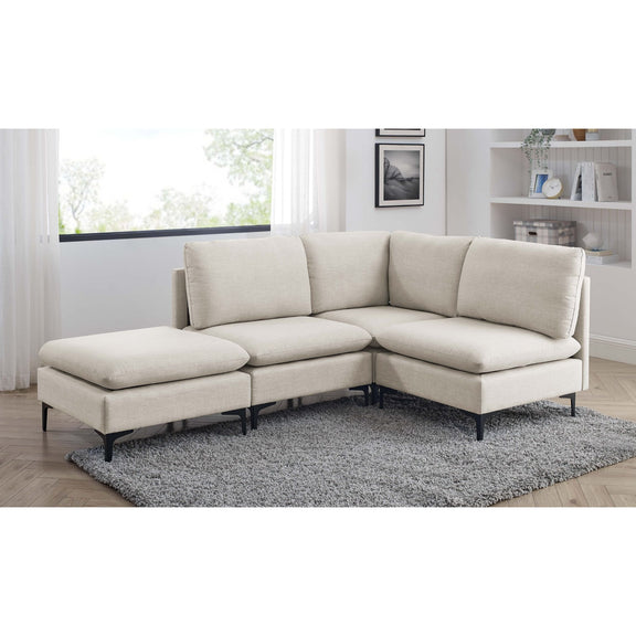 Beige modular sectional sofa with chaise and ottoman seats, tall legs
