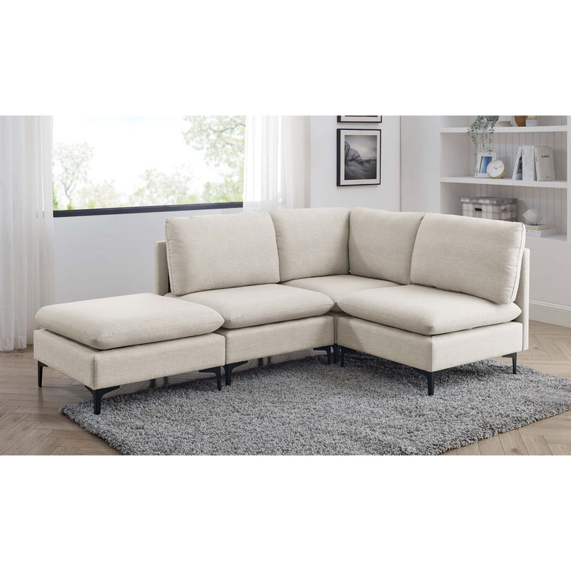 Beige modular sectional sofa with chaise and ottoman seats, tall legs