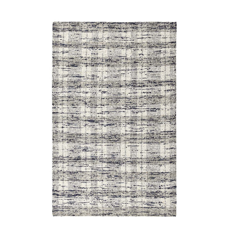 Distressed area rug with light ivory base and navy-blue accents