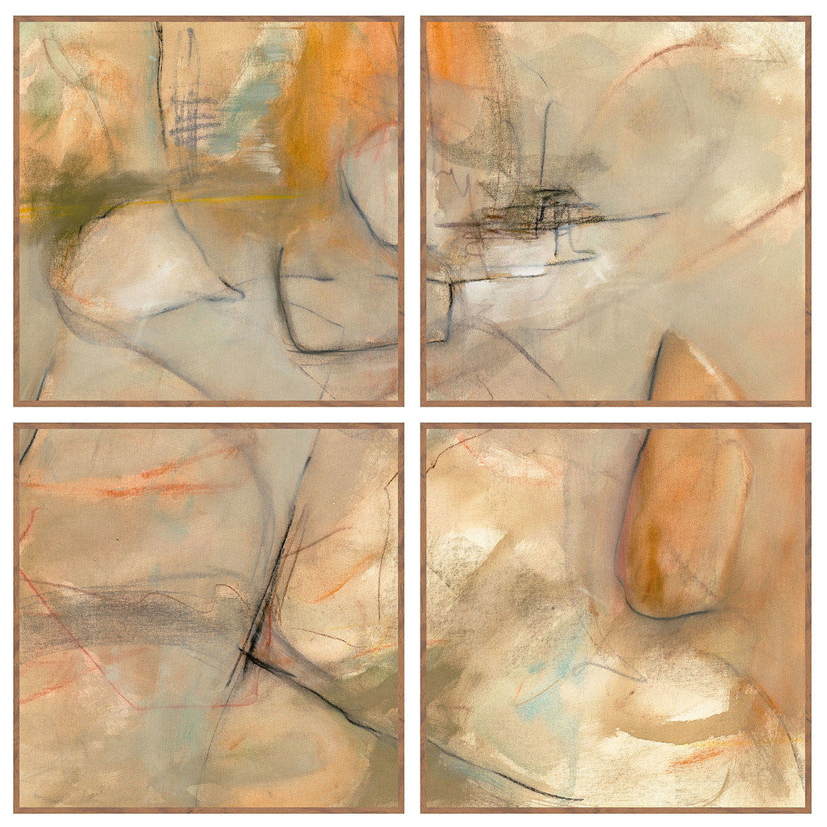 Set of four abstract square paintings with ochre, beige, and soft sketch-like line details