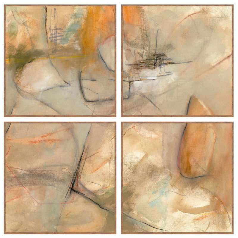 Set of four abstract square paintings with ochre, beige, and soft sketch-like line details