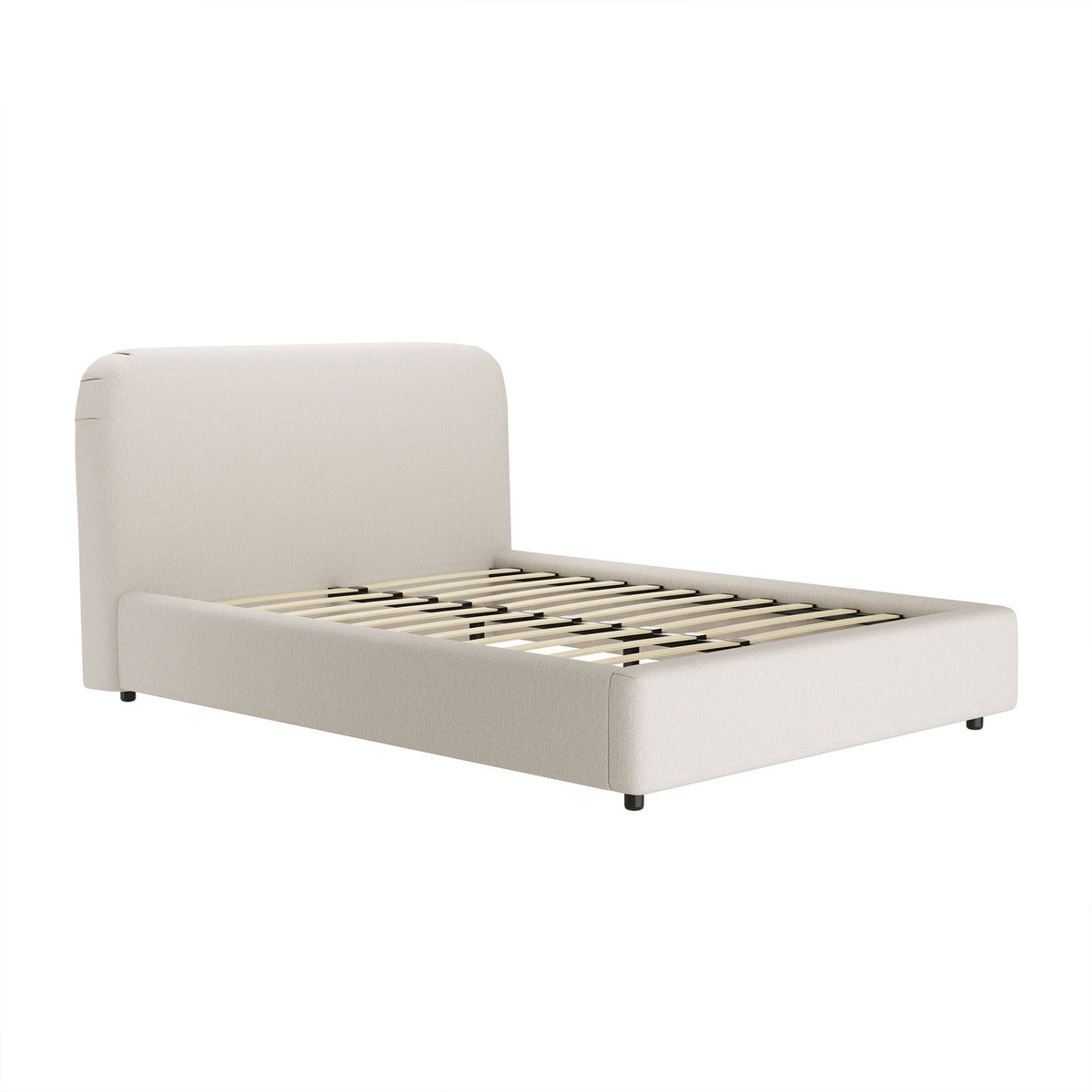 Light beige upholstered bed with curved headboard and raised slat support center