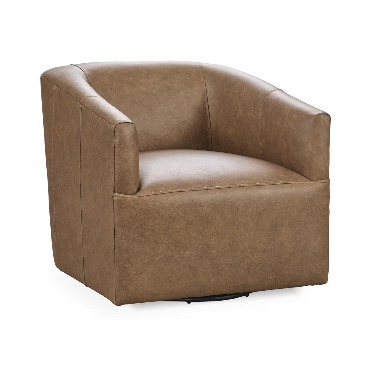 Brown upholstered swivel chair with wide track arms and curved seat