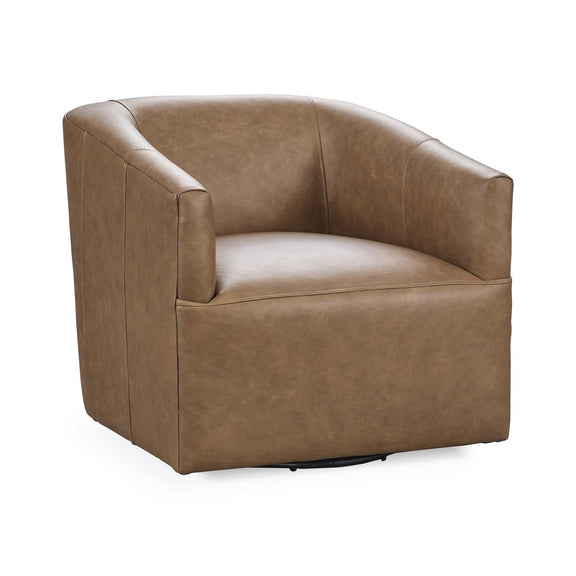 Brown upholstered swivel chair with wide track arms and curved seat