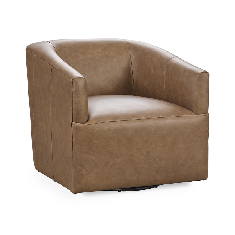 Brown upholstered swivel chair with wide track arms and curved seat