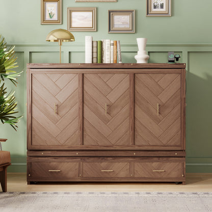 Queen Size Murphy Bed, Pine Wood Cabinet Bed with Built-in USB Charging Station and Geometrical Decoration Panel, Light Walnut