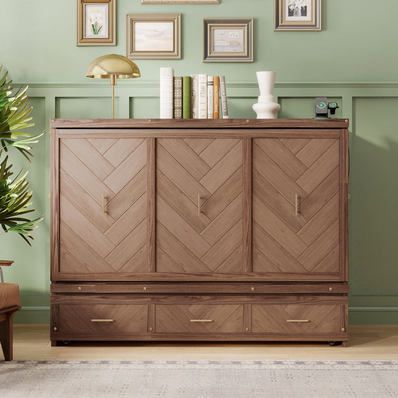 Queen Size Murphy Bed, Pine Wood Cabinet Bed with Built-in USB Charging Station and Geometrical Decoration Panel, Light Walnut