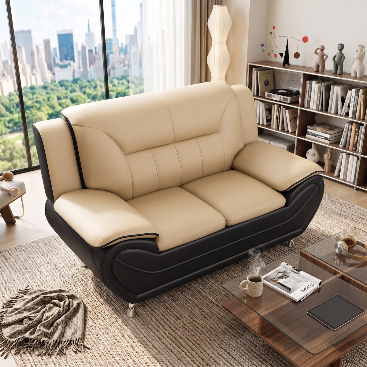 Camel-beige upholstered loveseat with black base, curved arms, and two seat cushions