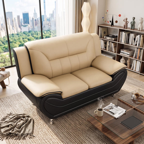 Camel-beige upholstered loveseat with black base, curved arms, and two seat cushions