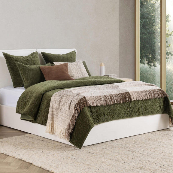 Olive velvet bedding set with matching pillows, quilted throw and fringe