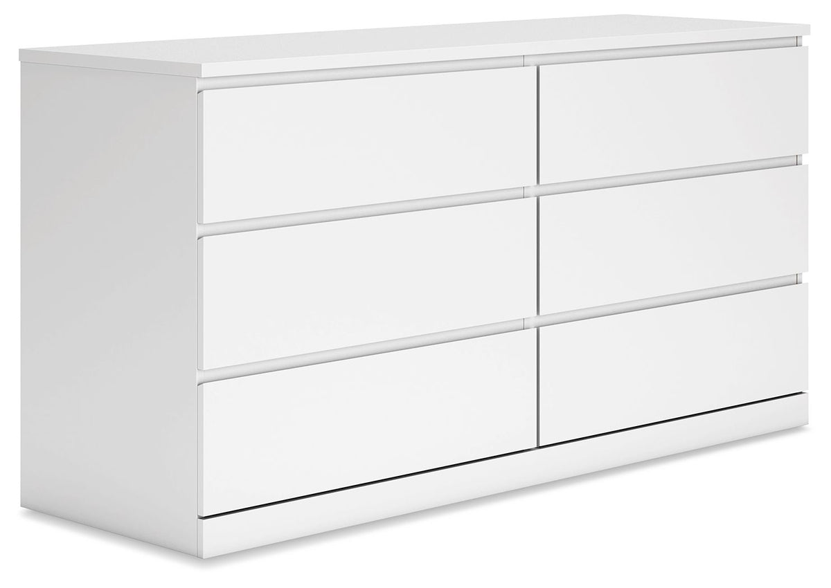 White six-drawer dresser with six flat-panel drawers and slim horizontal lines