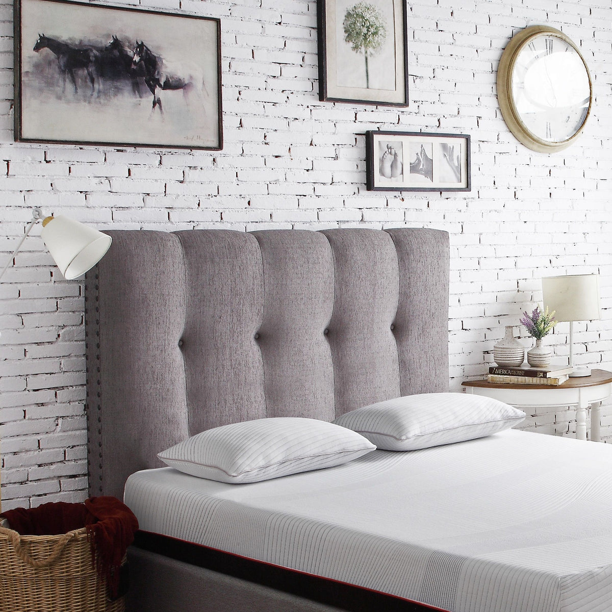 Queen Size Tufted Upholstered Headboard With Nailhead Trim - Gray