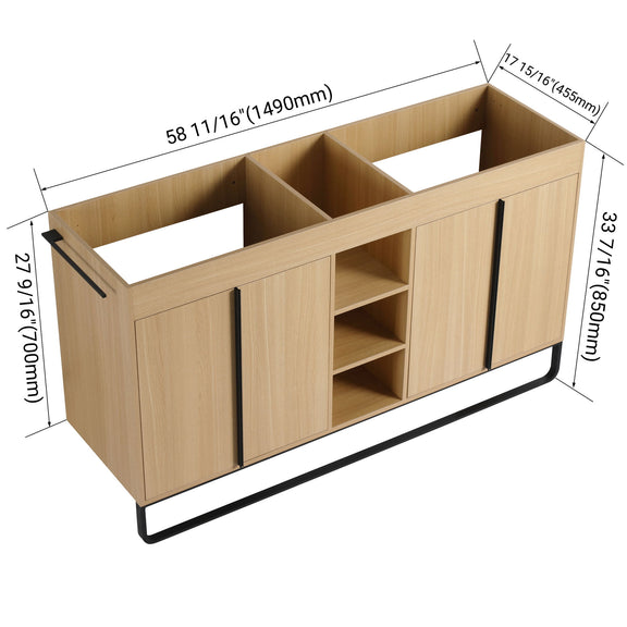 Oak bathroom cabinet dimension diagram with open shelves, four doors, black metal base