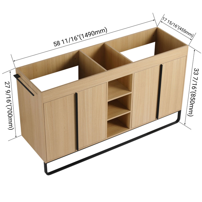 Oak bathroom cabinet dimension diagram with open shelves, four doors, black metal base